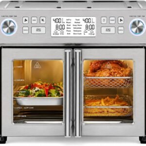 Emeril Lagasse Everyday French Door 360 Air Fryer, 25-QT Capacity, Dual Temperture Zone cooks 2 different ways, Stainless Steel | Dual-zone 25QT air fryer oven cooks two foods at once with synchronized settings and faster convection cooking.
