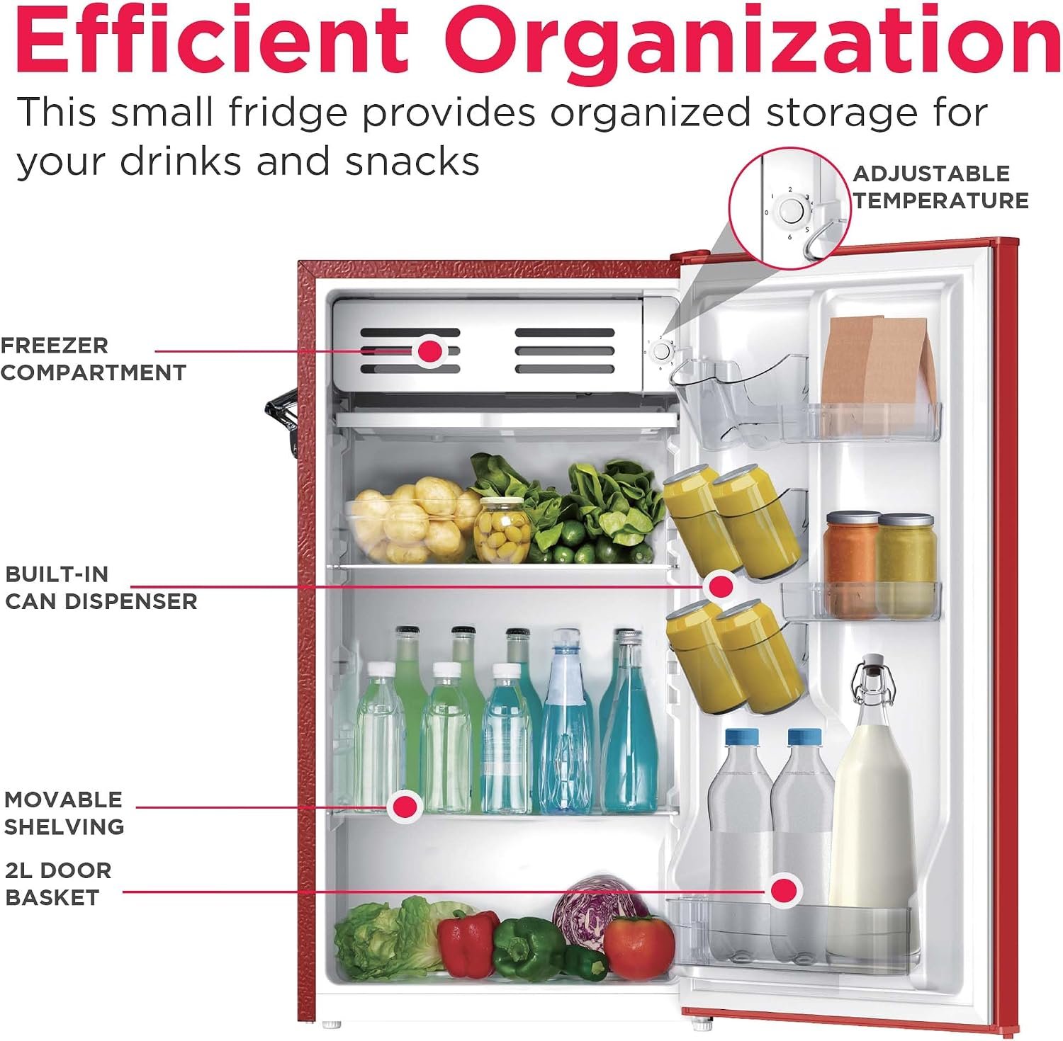 Frigidaire Retro Compact Fridge with Chiller, 3.2 cu ft Countertop Fridge with Built-in Bottle Opener, Compact Refrigerator for Office, Bedroom, Dorm Room or Cabin - 16.5" D x 19" W x 31" H (Red) - Image 5