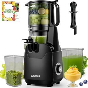 SUSTEAS Juicer Machines, 5.3″ Large Feed Chute Fits Whole Fruits & Vegetables, 64oz Batch Capacity Slow Masticating Cold Press Juicer,250W, Easy Clean, High Juice Yield Home Juicer, Premium Black