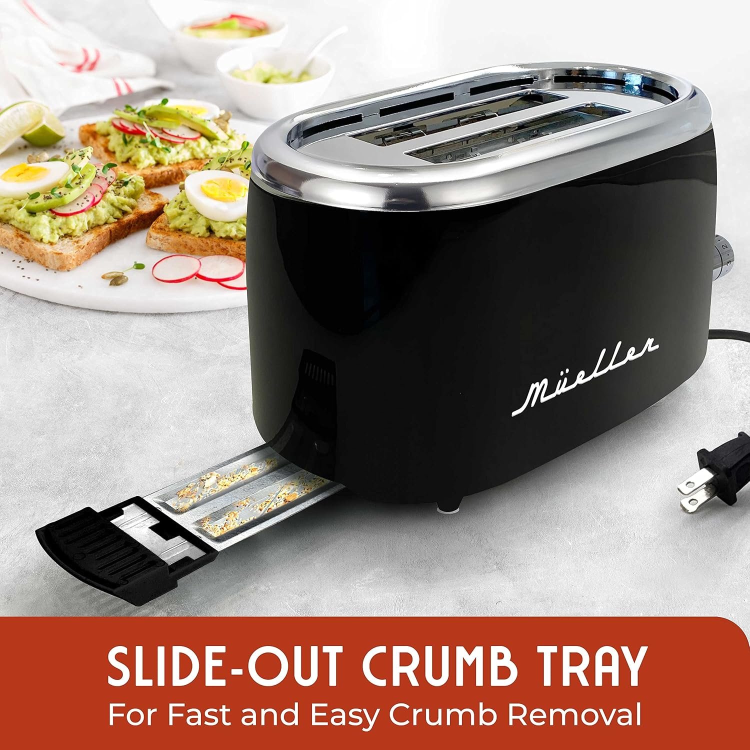 MUELLER HOME Retro Toaster 2 Slice, 7 Browning Levels | 3 Functions (Reheat, Defrost, Cancel), Stainless Steel Features, Removable Crumb Tray, Under Base Cord Storage, - Image 7