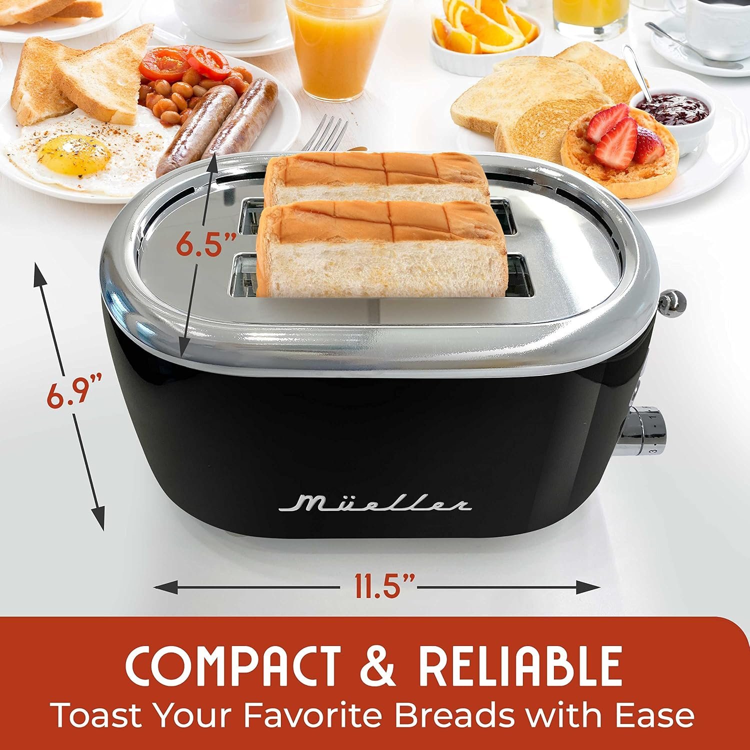 MUELLER HOME Retro Toaster 2 Slice, 7 Browning Levels | 3 Functions (Reheat, Defrost, Cancel), Stainless Steel Features, Removable Crumb Tray, Under Base Cord Storage, - Image 4