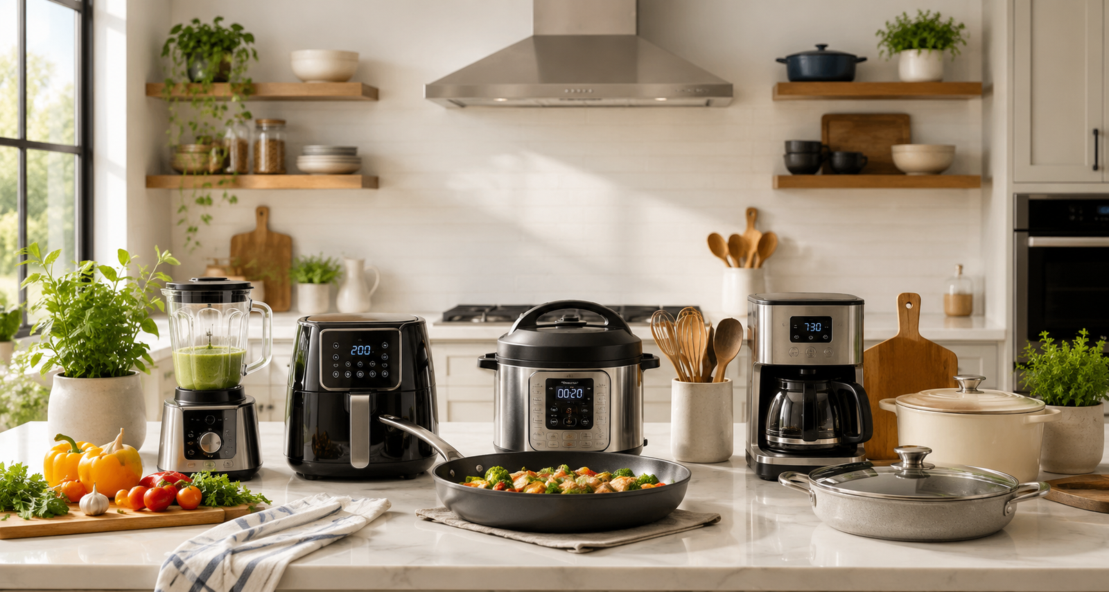Modern kitchen with countertop appliances, cookware and cooking essentials