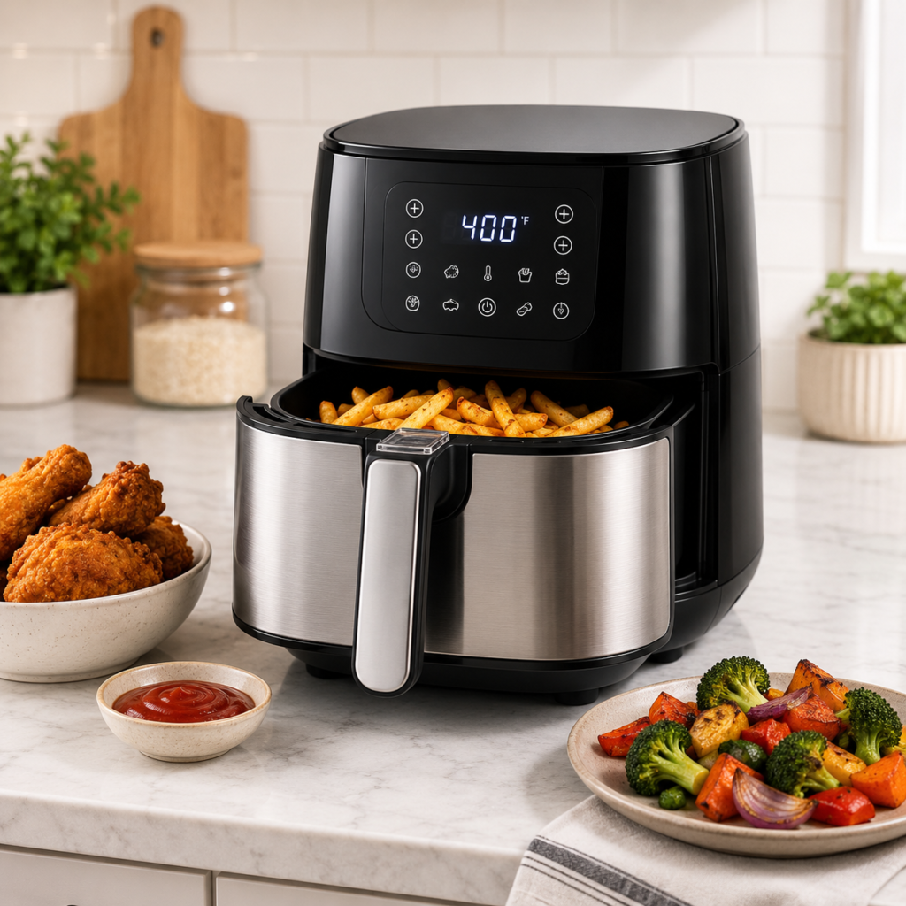 Black and stainless steel air fryer with fries and roasted vegetables