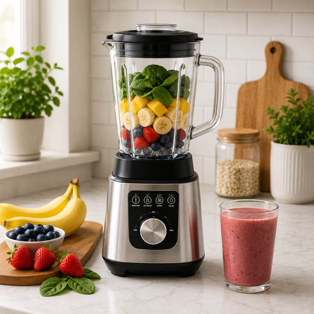 Stainless steel blender with fresh fruit and smoothie on a kitchen countertop