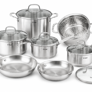 T-fal 11-piece stainless steel cookware set with pots, pans, lids and steamer insert
