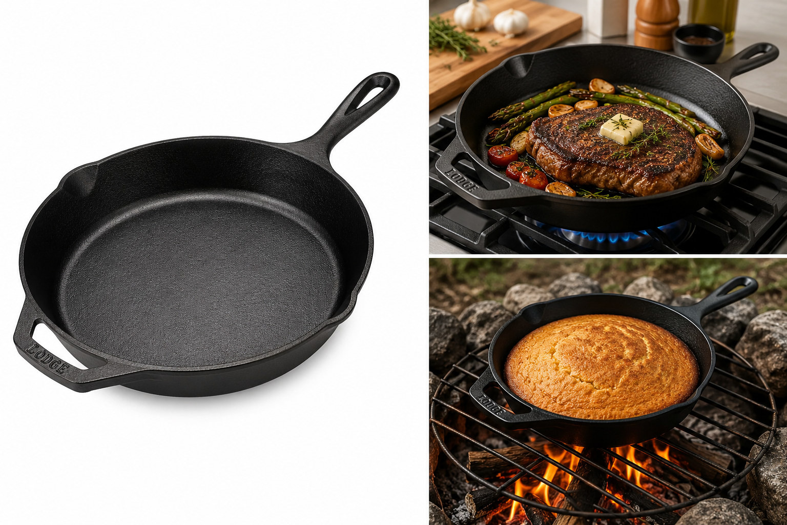 Cast iron skillet cooking steak and vegetables on kitchen stovetop